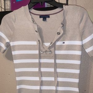 Tommy Hilfiger tan and white stripe body con dress